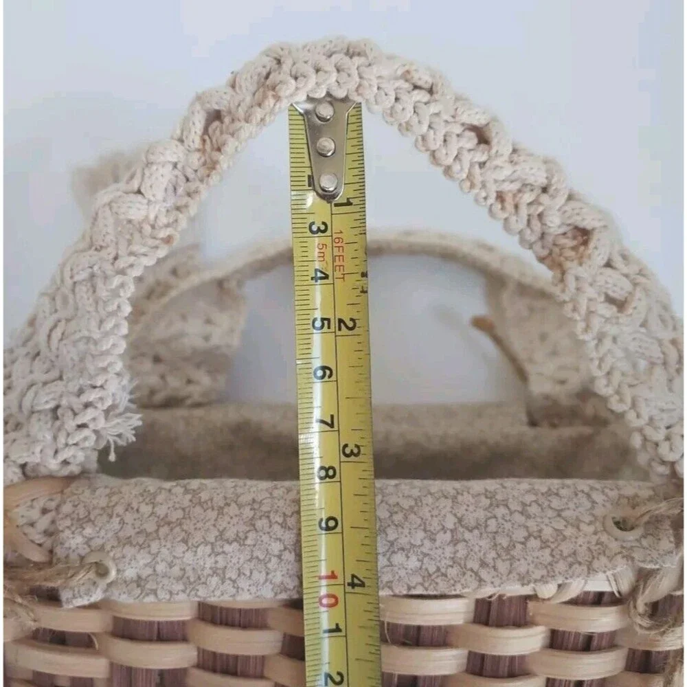 Vintage Handmade Brown & Tan Woven Basket Lined Tote Handbag W/Crochet Handles